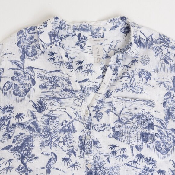 Joie Shirt Linen Short Sleeve Button Up Blue White Tropical Print - Picture 3 of 13